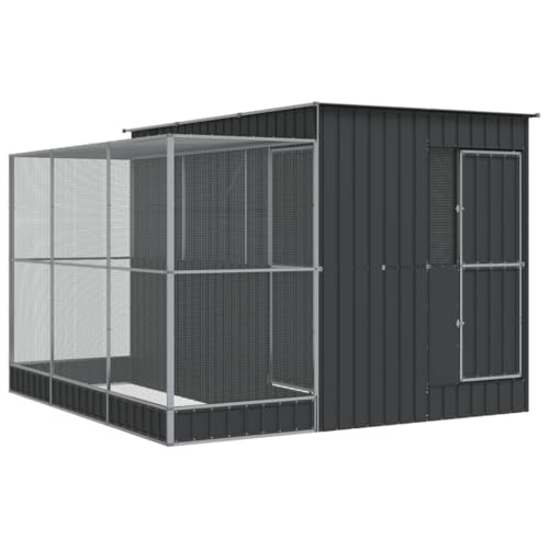 Silver Steel Aviary with Extension 114.2x119.3x85.0 | Galvanized Frame, Lockable Door, Steel Mesh, for Parrots, Rabbits, Ducks - size: 114.2" x 119.3" x 85"