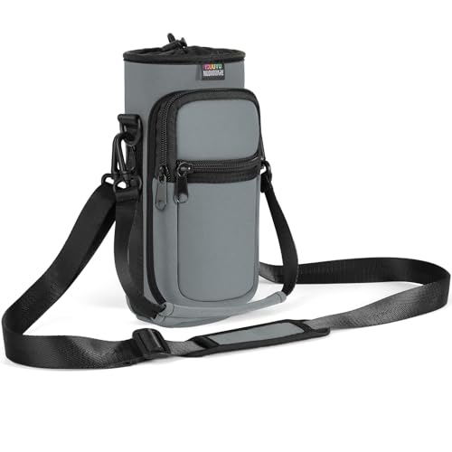 Nuovoware Water Bottle Carrier Bag, 25oz/32oz Bottle Pouch Holder, Adjustable Shoulder Hand Strap 2 Pocket Sling Neoprene Sleeve Sports Accessories for Hiking Travelling Camping, Light Gray | Adjustable Shoulder Hand Strap, 2 Pocket, Neoprene Sleeve, For