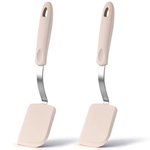 Silicone Cookie Spatula Turner 2 Pack Mini Brownie Spatula Flexible Kitchen Small Silicone Turner for Nonstick Cookware Heat Resistant No Scratch Flipper for Egg(Solid Flat,Khaki) - color: Khaki