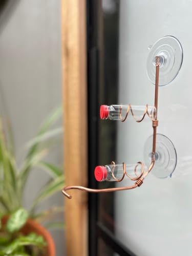 Window Hummingbird Feeder | Handcrafted Copper and Aluminum | Multiple Stations | Modern Hummingbird Feeder | Home Décor | Glass Bottles | Suction Cups (Copper, Two Station) - size: Two Station - Standard Perch