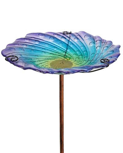 Blue Glass Bird Bath, 10.5" Shallow Birdbath with 3-Prong Stake | Decorative Birdbath Bowl & Wild Bird Feeder for Garden, Patio, Backyard Decor
