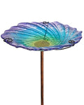Blue Glass Bird Bath, 10.5" Shallow Birdbath with 3-Prong Stake | Decorative Birdbath Bowl & Wild Bird Feeder for Garden, Patio, Backyard Decor