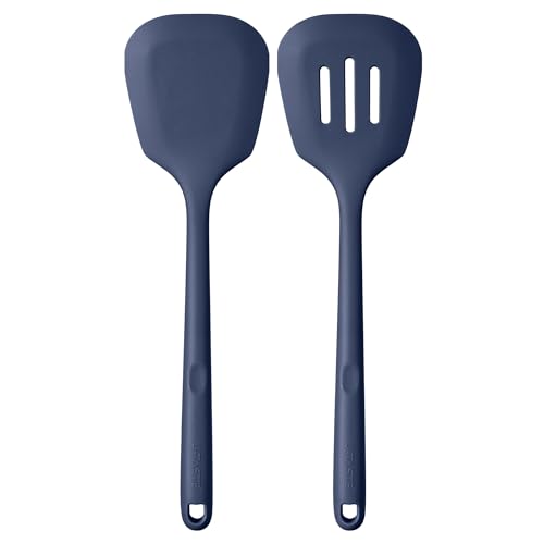 U-Taste Silicone Turner Spatula Set of 2, 13.6"Long/3.7"Wide, Midnight Blue | 600ºF Heat Resistant Food Grade Silicone Cooking Utensils Set, Wide Large Solid & Slotted Turner Pancake Egg Flipper - color: Midnight Blue