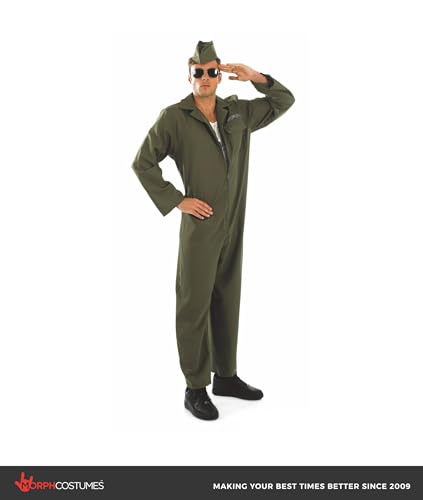 fun shack, Flight Suit Costume Men, Halloween Costumes for Men | Khaki Green Military Style Jumpsuit with Zipper Closure, Matching Hat Included, Perfect for Halloween, Great for Dress-Up