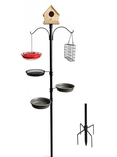 5 Feeders + 1 Birdhouse Bird Feeding Station 90" Height 1" Diameter Outdoor Stand with 5-Prong Base Attract Wildbird to Yard Garden Patio