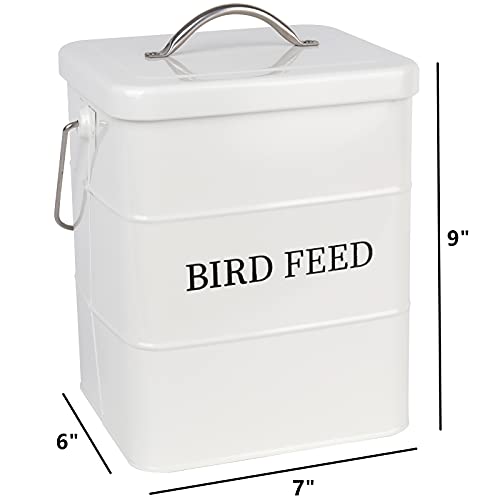 Pet Food Storage Tin with Lid, Metal Bird Seed and Feed Container with Serving Scoop, Treats Storage Canister Bin Can for Dogs, Cats Food, Coated Carbon Steel, Tight Fitting Lid, White, 5-6 Lbs