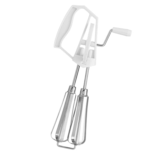 Egg Beater Hand Crank, Stainless Steel Manual Egg Whisk Mixer Handheld Rotary Hand Whip Kitchen Cooking Tool for Whisking Frothing Mixing (White) - color: White