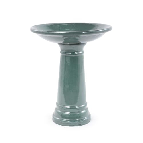 Ceramic Pedestal Bird Bath for Outside, 15 x 12 Inch, Green | Glazed Finish, Easy Twist-to-Lock Assembly - color: Green