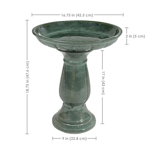 Sunnydaze Ceramic Bird Bath for Outdoors, 18” H, Green Mist | UV-Resistant, Glazed Finish, Pedestal Bird Bath Holds Up to 10 Cups of Water, Easy Assembly, Sturdy Bird Bath for Outside - style: Green Mist Glaze