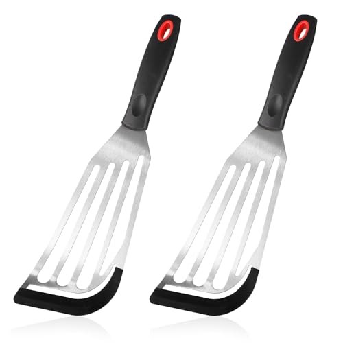 2pcs Fish Turner Spatulas, Silicone-Tip Slotted Nonstick Heat Resistant Metal Stainless Steel Fish Flipper Spatula for Kitchen Egg Pancake Omelette Cooking