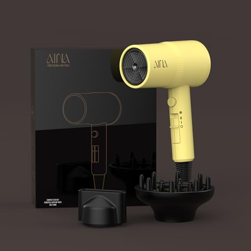 AINA Diffuser Hair Dryer Full-Featured Blow Dryer 110V/1600W(Zest Yellow) | 3 Heat/2 Speed;Cold shut button;Lightweight;Compact Size;High Temp;Low Airflow;Same Results;Less Expense - color: Zest Yellow, size: 3 Piece