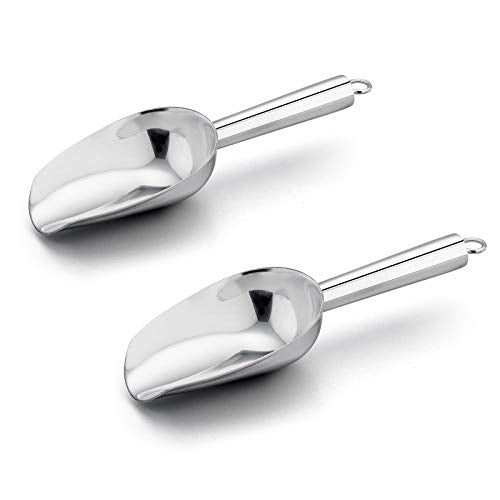 E-far 6 Ounce Ice Scoop Set of 2, Small Stainless Steel Scoops for Ice Cube/Candy/Flour/Sugar, Metal Utility Scoops for Canisters, Baking, Kitchen Pantry, Rust Free & Dishwasher Safe - color: Silver