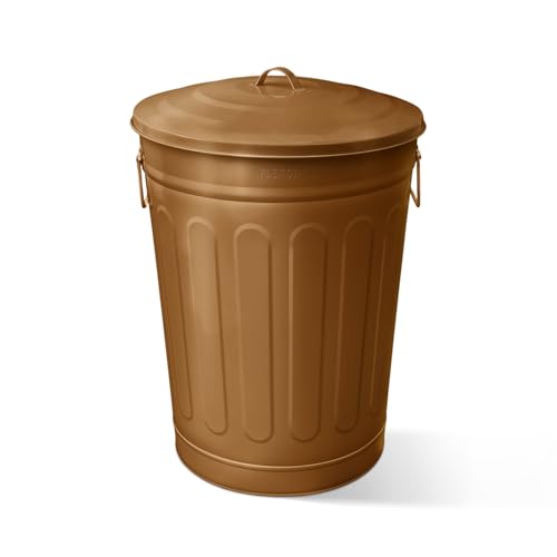 Plexon 13 Gallon Metal Trash Can with Lid Outdoor Vintage Trash Can Steel Retro Garbage Can for Kitchen Farmhouse Rustic Bird Seed Storage Pet Food Cute Bucket, Brown - color: Brown