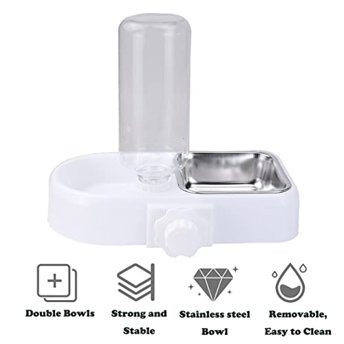 Love Dream Crate Dog Bowl, No Spill Kennel Hanging Pet Food Water Bowl Set | Automatic Water Dispenser and Removable Stainless Steel Bowls Raised Double Bowls for Indoor Cats, Rabbit, Small Medium Dogs - color: White
