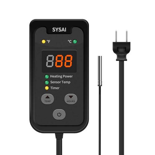 SYSAI Digital Thermostat Controller for Reptile Tank & Heat Mat, Seed Germination, Breeding & Home Brewing, 1A 100W, High Accuracy °F/°C Probe, 60-94°F