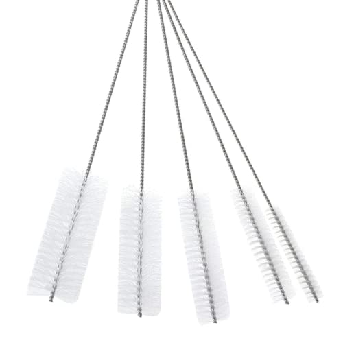 10" Extra Long Tube Brush Set - Large 5 Pack - White | Flexible nylon straw brushes for bottles, cleaning straws, pipe cleaners, glass, keyboard, detailing and deep cleaning - color: White, size: Large 5 Pack (8mm 12mm 16mm 20mm 24 mm)