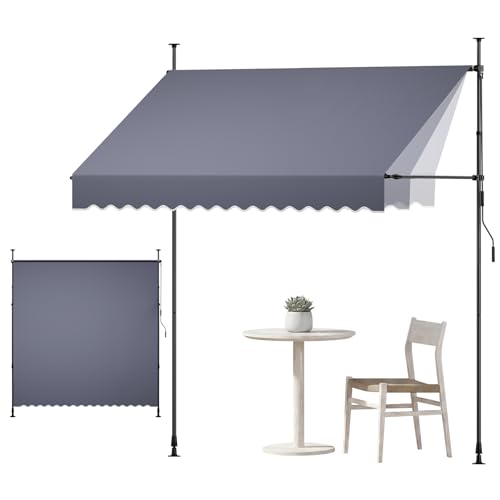 VEVOR Manual Retractable Awning, 98" x 59" Outdoor Patio Awnings Sunshade Shelter with 43"-59" Retractable Side Bar, No Drill Height Adjustable, Crank Handle for Backyard, Balcony, Dark Gray - size: 98x59 in