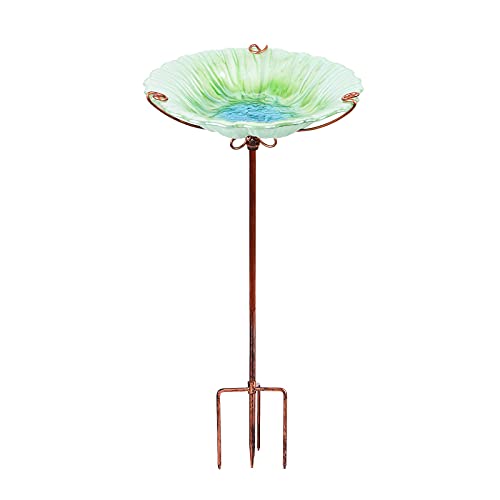 Glass Bird Bath for Outside, Green Bird Feeder Birdbaths for Oudoors | 26 Inch Bird Baths Combines Garden Decor and Bird Feeder Functions, Stable Four-Prong Metal Stake, Easy to Install and Clean - color: Green