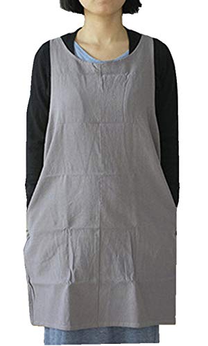 Cotton Linen Japanese Apron Halter Cross Back Bandage X Shape Aprons Two Pockets - color: Lightgray