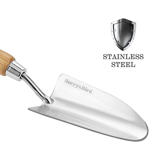 Berry&Bird Stainless Steel Trowel, Garden Small Flower Hand Shovel, Potting Soils Scoop with Wood Handle, Gardening Bonsai Tools for Transplanting Digging Weeding Planting | Stainless steel blade ergonomic wood grip & hanging loop. trowel for digging, wee