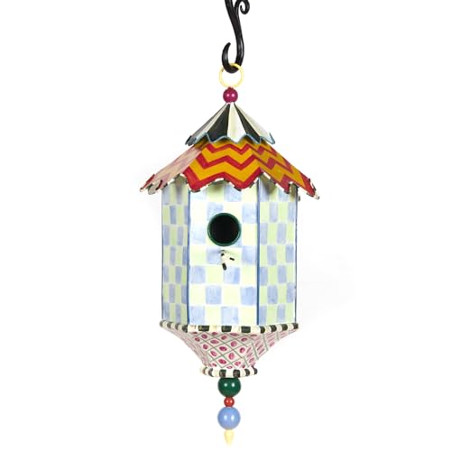 MACKENZIE-CHILDS Metal Birdhouse, Flyer's Folly | Hand-painted design, made from iron, decorative birdhouse and outdoor garden decor, 9.25" dia. x 19" H