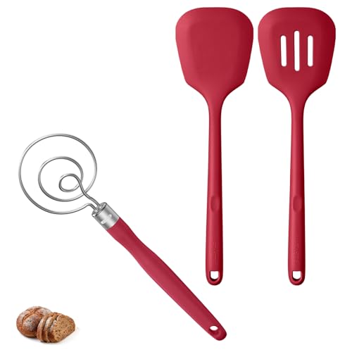 U-Taste 600ºF Heat Resistant 13.6in Long Solid & Slotted Silicone Turner and 12.6in Stainless Steel Danish Dough Whisk (Red)
