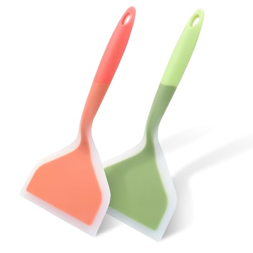 2Pcs Silica Gel Wok Spatula, Orange & Green, Style 2 | Wide Pancakes Spatula, Nonstick Heat-Resistant, Pancake Shovel with Short Handle, For Cooking, Baking and Stir-Fry - color: Orange & Green,Style 2