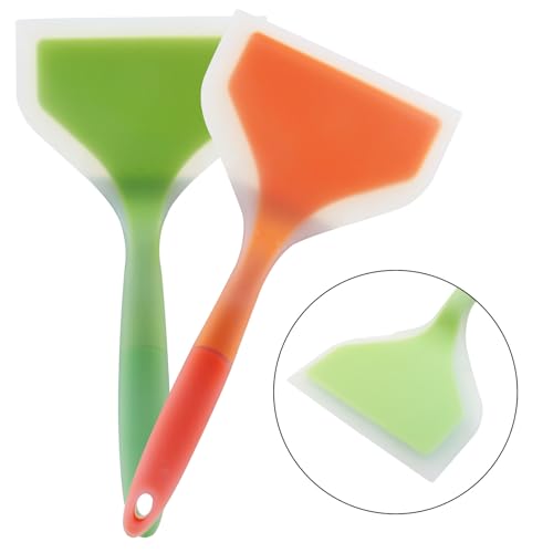 Hitefu 2 Pcs Silicone Spatula Turner, Green & Orange | Wide Pancake Flipper, Tamagoyaki Shovel, BPA Free, Non-Stick Egg Flipper - color: Green & Orange
