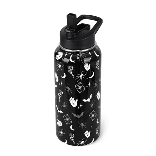Goth Water Bottle with Straws Insulated Bottle Halloween Gothic Bats Travel Thermal Double Walled Vacuum Cup Leak Proof Stainless Steel Tumbler Witchy Decor Gifts-32 oz - color: Black