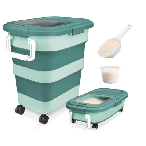 Rice Storage Container, Collapsible Airtight 10-40 Lb Rice Storage Container, 25lb Pet Dog Food Storage Container, Rice Dispenser Bin with Cup and Scoop for Flour Cereal Pasta Grain, Cat Bird - size: 15-40 Lbs