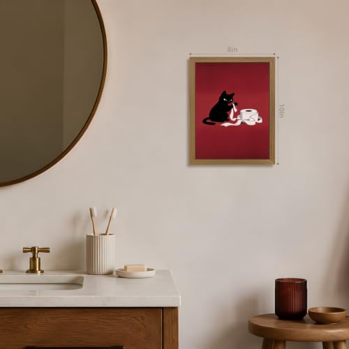 GELDSTEI Wood Framed Vintage Black Cat Funny Bathroom Wall Art 8x10 in | Playful Toilet Paper Black Cat Wall Decor, Humorous Bathroom Art Print, Unique Gift for Cat Lovers and Pet Owners - color: Cat, size: 10"L x 8"W