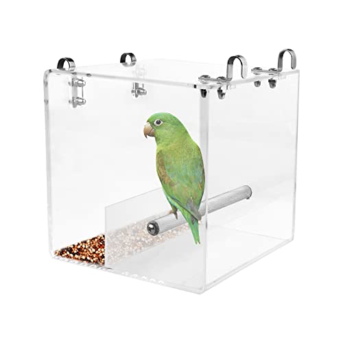No Mess Bird Feeder for Cage - Automatic Bird Feeder Transparent Food Container Acrylic No Spill Cage Seed Catcher with Stainless Steel Hooks for Parrot Parakeet Cockatiels Lovebirds - size: Small-5.1 Inch x 5.1 Inch