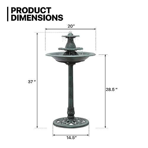 37" Outdoor Pedestal Water Fountain and Birdbath, Green | all Outside 3-Tiered Pedestal Antique Water Fountain and Birdbath for Garden Patio Deck Porch Backyard, 5L Capacity - color: Green