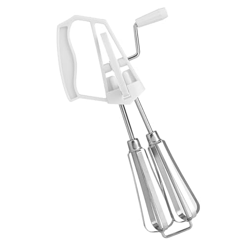 Egg Beater Hand Crank, Stainless Steel Manual Egg Whisk Mixer Handheld Rotary Hand Whip Kitchen Cooking Tool for Whisking Frothing Mixing (White) - color: White