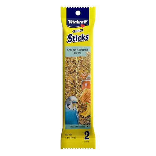 Vitakraft Crunch Sticks Parakeet Treat – 2 Sticks – Sesame and Banana Flavor - Triple Baked with Natural Wood Chew Center - Added Vitamins and Minerals with Cage Clip Holder - size: 1 Ounce (Pack of 1)