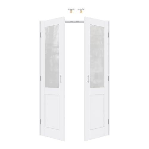 36x80 Interior French Door,Half Frosted Glass Doors,DIY Prehung Room Door | Prefinished & Paintable Double Doors with Ball Catches & Hinges & Handles, Tempered Frosted Glass, Interior Swing Closet Door - color: Half Frosted Glass, size: 36" x 80"