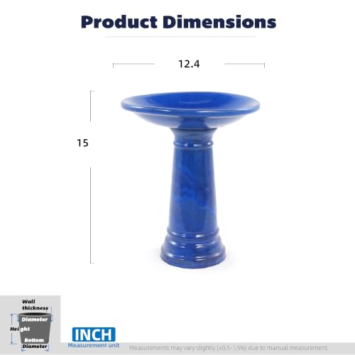 Ceramic Pedestal Bird Bath for Outside, 15 x 12 Inch, Sapphire Blue | Glazed Finish, Easy Twist-to-Lock Assembly - color: Sapphire Blue