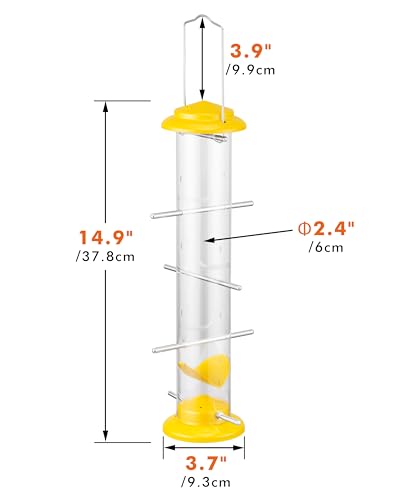 iBorn Finch Feeders for Outside,Nyjer/Thistle Bird Feeder,14 Inch Tube Bird Feeders for Outdoors Hanging,Metal Finch Feeders for Thistle Seed with 12 Small Ports,8 Metal Perches,Yellow,Pack of 1