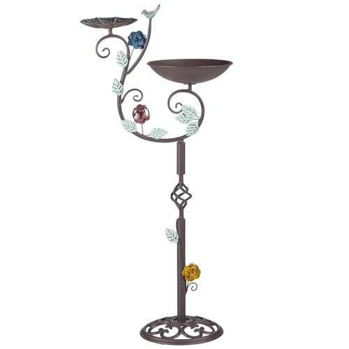 Metal Bird Bath and Feeder for Outdoors 39.4" H 2-in-1 Combo | Freestanding Birdbaths with Cast Iron Pedestal, Retro Vine Shaped Standing Combo for Outside Garden Patio Porch
