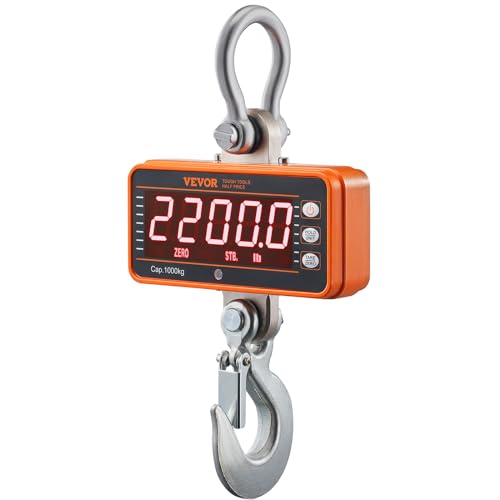 VEVOR Crane Scale, Hanging Scale Industrial Heavy Duty, Digital Crane Scale with Remote Control, Cast Aluminum Case & LED Screen, 2200 lbs/1000 kg,High Precision for Construction, Factory, Farm - style: 2200BLS