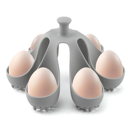 Silicone Egg Boiler Rack, 6 Egg Holder with Handle | Drain hole egg holder for lifting soft or hard boiled eggs from pots for breakfast and meal prep