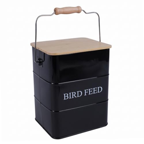Metal Bird Seeds storage container,Outdoor Bird Container Canister, Pet Food Bin with Wooden Lid/Handle/Food scoop,hold 5-6 Lbs of Wild Bird Seed Sunflower Seed-Preventing Squirrels-Black - color: Black