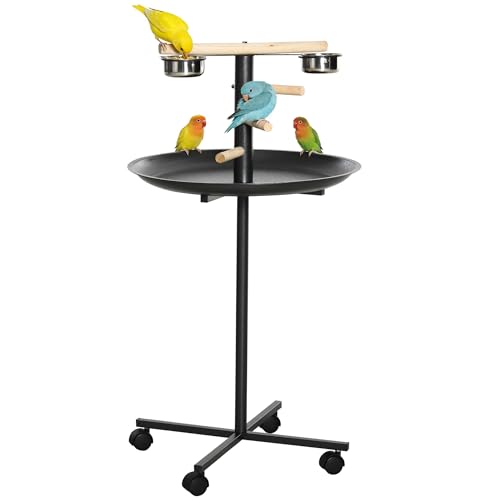 PawHut Bird Play Stand, Portable Parrot Perch, Bird Feeder Station, with Four Wheels, Stainless Steel Feeding Bowls, Round Tray, Grey | Bird Feeder Station, Stainless Steel Feeding Bowls