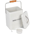 Pet Food Storage Tin with Lid, Metal Bird Seed and Feed Container with Serving Scoop, Treats Storage Canister Bin Can for Dogs, Cats Food, Coated Carbon Steel, Tight Fitting Lid, White, 5-6 Lbs
