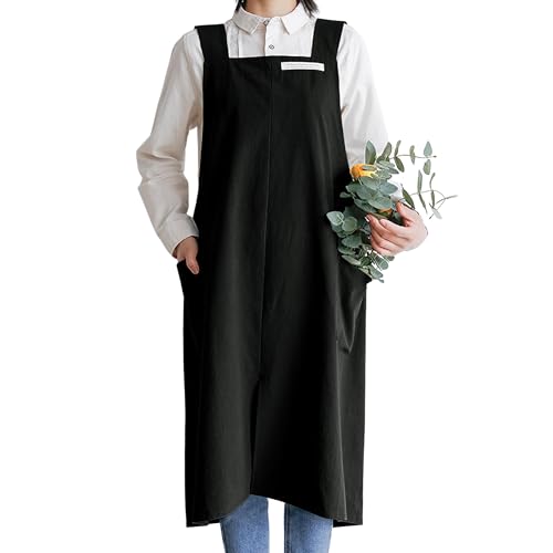 Cotton Aprons for Women and Men | Cross-Back Apron with Pockets - color: Black