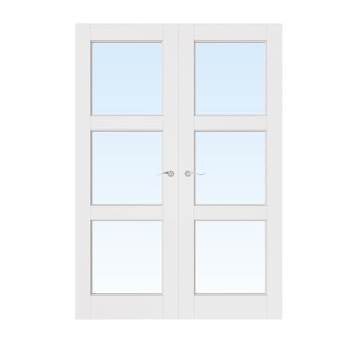 56x80 Interior French Door,3-Lite Clear Glass Doors,Living Room Doors | Satin Nickel Hardware-Privacy Door Lever w/ Lock, Latch&Hinges, Solid Core,Tempered Glass,No PreDrill,Jamb Assembly Required - color: 3 Lite, Silver Hinges, size: 56x80 for 58x82 open