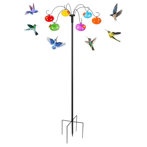 Liitrton Glass Hummingbird Feeders with Shepherds Hook for Outdoors | Hanging 6 Hand-Blow Glass Hummingbird Feeder Balls, Adjustable Hight Bird Feeder Pole for Outside Garden Decor