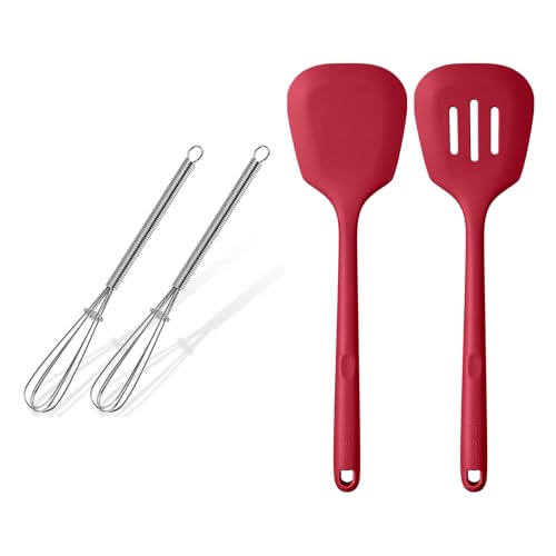 U-Taste 600ºF Heat Resistant 13.6in Solid & Slotted Thick Kitchen Silicone Turners (Red) and 18/8 Stainless Steel 7" Mini Whisk for Cooking