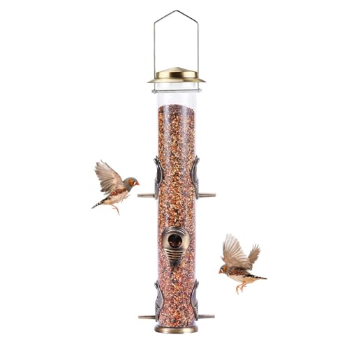 1PK Metal Bird Feeders with 6 Feeding Ports,Tube Bird Feeder with Steel Hanger,Hard Plastic Wild Bird Feeder for Outdoors Hanging, Attracting Birds in Your Lawn, Garden, Balcony–Bronze - color: Bronze 1 PACK
