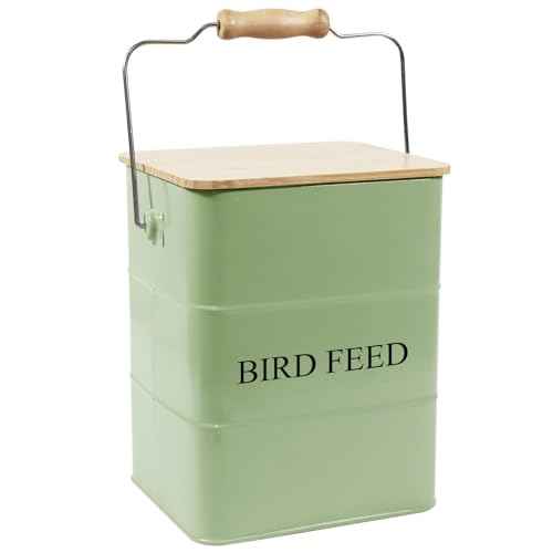 Morezi Bird treat and food storage tin with wooden lid and scoop included - green powder - carbon steel - birds food bin - pet food container storage canister - color: Green wood lid